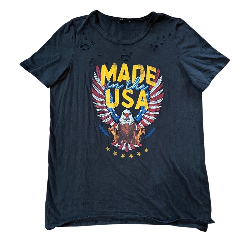 Zutter USA‎ Womens Distressed Eagle Graphic T-Shirt Black Short Sleeve Large